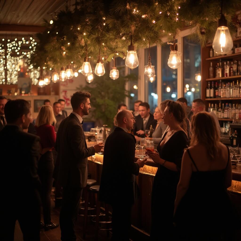 Jacksonville in December: Your Ultimate Festive Winter Escape Without the Freezing Cold Downtown Jacksonville's craft cocktail bar, elegantly decorated for holidays, adults mingling and jazz band playing