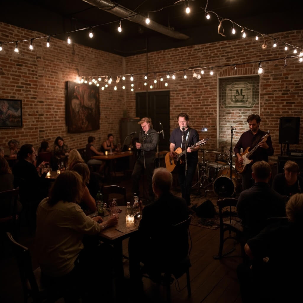 Jacksonville in January: Your Ultimate Winter Escape Guide (Without the Freezing Temps!) Indie folk band performing on a small stage in a dimly lit Jacksonville venue with local artwork on exposed brick walls, audience sitting at small tables with drinks, and fairy lights across the ceiling for ambience.
