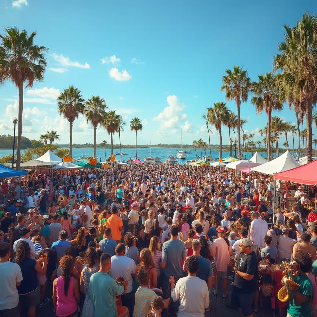 Jacksonville in May: Your Ultimate Warm-Weather Escape Guide Diverse crowd at Jacksonville Jazz Festival with musicians, colorful tents, food vendors, palm trees, and the St. Johns River in the background