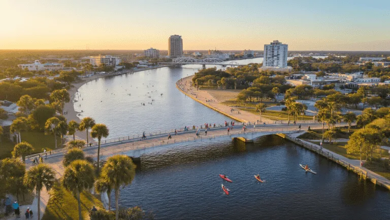 Escape the Cold: Why Jacksonville in February is Your Secret Winter Paradise "Aerial view of Jacksonville cityscape at golden hour with St. Johns River, people kayaking, DONNA Marathon runners on bridge, and beach-goers in the distance under a clear February sky."