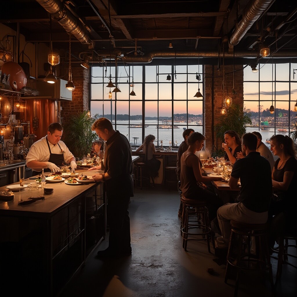 Jacksonville in June: Your Ultimate Summer Playground Revealed Dimly lit microbrewery kitchen in Jacksonville with industrial-chic design, chef preparing a dish on the counter, patrons at high-top tables with craft beer samples, and a twilight view of St. Johns River with city lights in the distance.