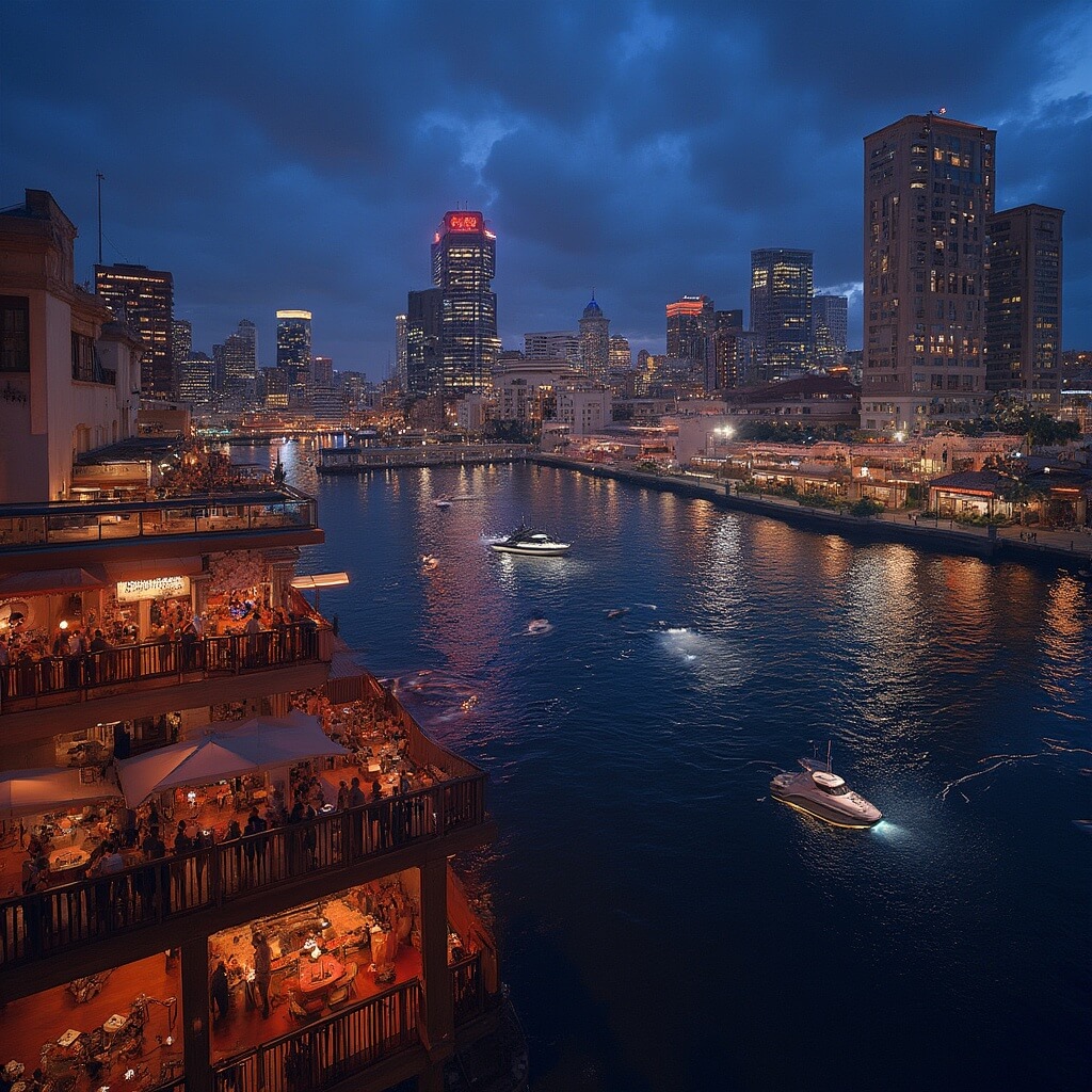 Jacksonville in March: Your Ultimate Guide to Sun, Sports, and Spectacular Adventures Vibrant night view of Jacksonville skyline, illuminated buildings with rooftop bars full of people, small boats on the St. Johns River, reflecting the lively nightlife energy.