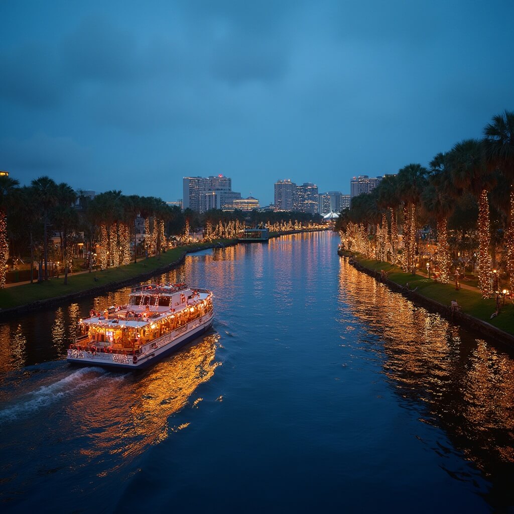 Jacksonville in December: Your Ultimate Festive Winter Escape Without the Freezing Cold River taxi adorned with holiday lights cruising the St. Johns River at dusk in December, with illuminated Jacksonville skyline and light-wrapped palm trees in the background