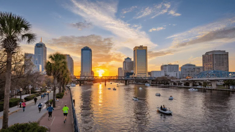 Jacksonville in March: Your Ultimate Guide to Sun, Sports, and Spectacular Adventures "Runners crossing Main Street Bridge during Gate River Run in Jacksonville, with St. Johns River, boats, Wells Fargo Center, Bank of America Tower, and palm trees at sunset"