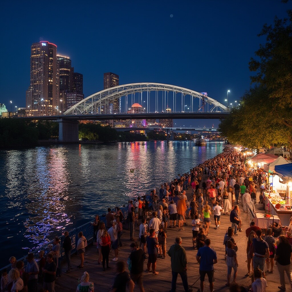 Jacksonville in May: Your Ultimate Warm-Weather Escape Guide Nighttime festival scene at Jacksonville's waterfront with colorful lights reflecting on St. Johns River, crowds enjoying food and music, and lit-up city skyline with Main Street Bridge in background.