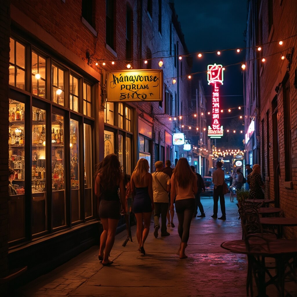 Jacksonville in September: Your Ultimate Insider's Guide to Florida's Hidden Coastal Gem Atmospheric night scene in Jacksonville's Riverside district with historic buildings, bustling craft cocktail bar, stylish young professionals, and a vintage neon sign with a local band setting up at a nearby venue.