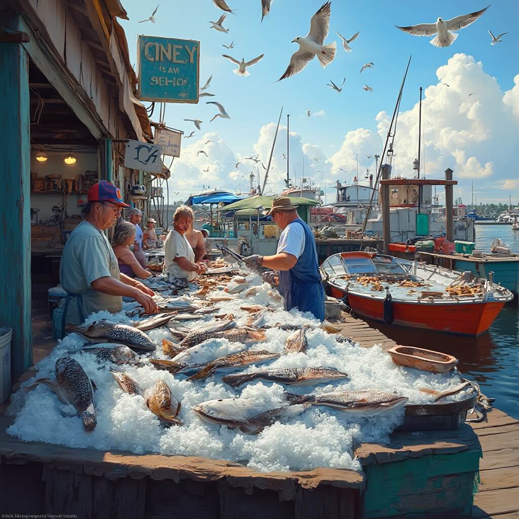 Jacksonville in September: Your Ultimate Insider's Guide to Florida's Hidden Coastal Gem Fishmongers filleting fresh catches at a bustling seafood market near the waterfront in Jacksonville, with colorful fishing boats docked in the background and seagulls circling overhead in the warm afternoon sun.