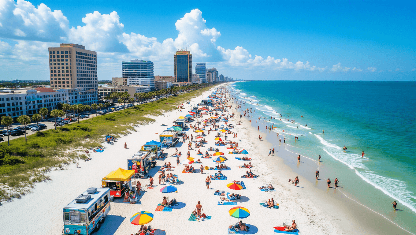 "Vibrant aerial view of Jacksonville's coastline in June, featuring sun-drenched beaches, colorful umbrellas, busy beach festival with food trucks and music stages, beachgoers engaging in surfing, volleyball, and yoga, fishing boats, cultural market stalls, with the city skyline and VyStar Veterans Memorial Arena in the background under a brilliant blue sky."