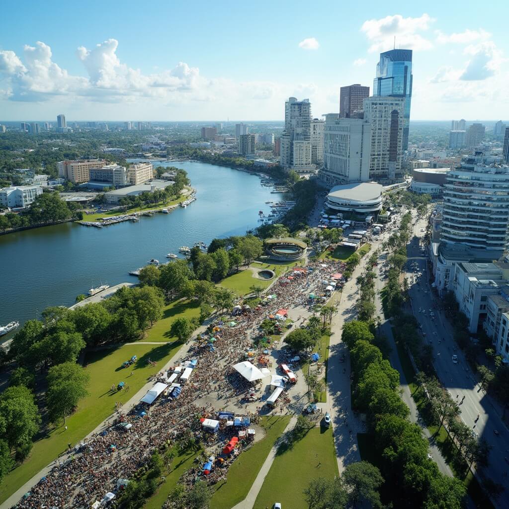 The Ultimate Jacksonville August Adventure Guide: Insider Secrets Revealed! Aerial view of Jacksonville summer festival featuring a crowded park, food trucks, tents, modern cityscape, and St. Johns River with colorful boats