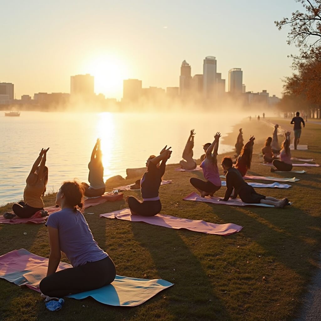 Jacksonville in January: Your Ultimate Winter Escape Guide (Without the Freezing Temps!) Diverse group practicing yoga on Jacksonville's riverfront during a serene winter morning, with the sun's golden glow casting on the calm river and the city skyline in the background.