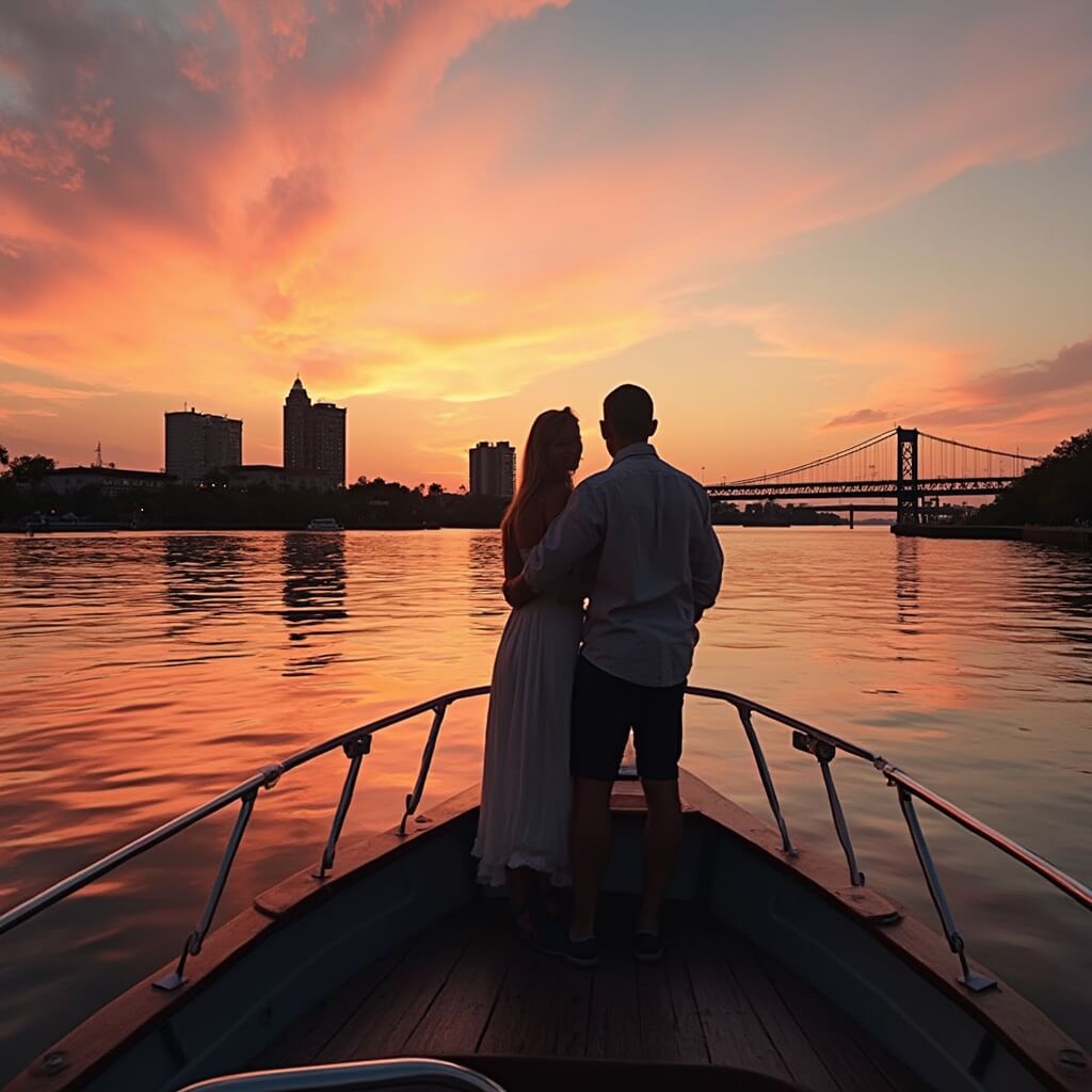 Escape the Cold: Why Jacksonville in February is Your Secret Winter Paradise Couple standing on a boat during a tranquil sunset river cruise in Jacksonville with the city skyline, including the Main Street Bridge, silhouetted against a vibrant orange and pink sky, reflected on the calm water surface.