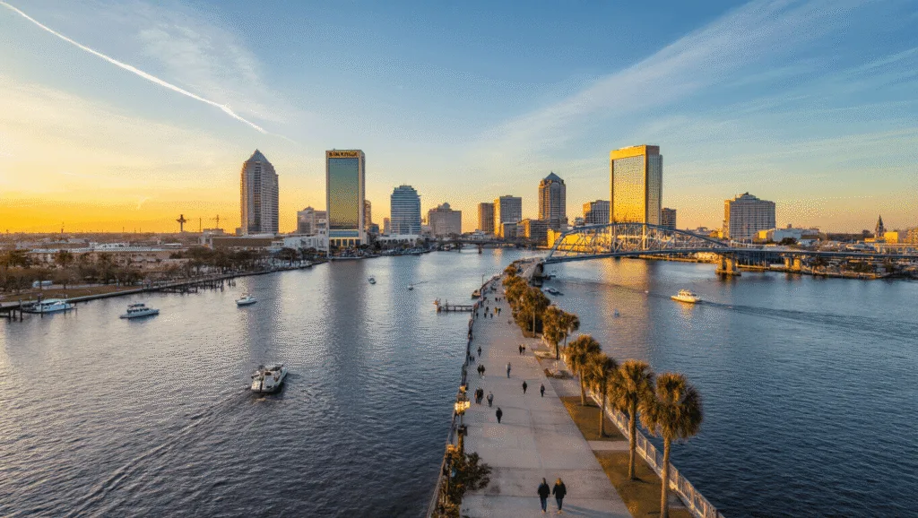 Jacksonville in January: Your Ultimate Winter Escape Guide (Without the Freezing Temps!) "Aerial view of Jacksonville, Florida featuring the St. Johns River, Main Street Bridge, and downtown skyline during a sunset in January, with people strolling along the Riverwalk and boats on the water."