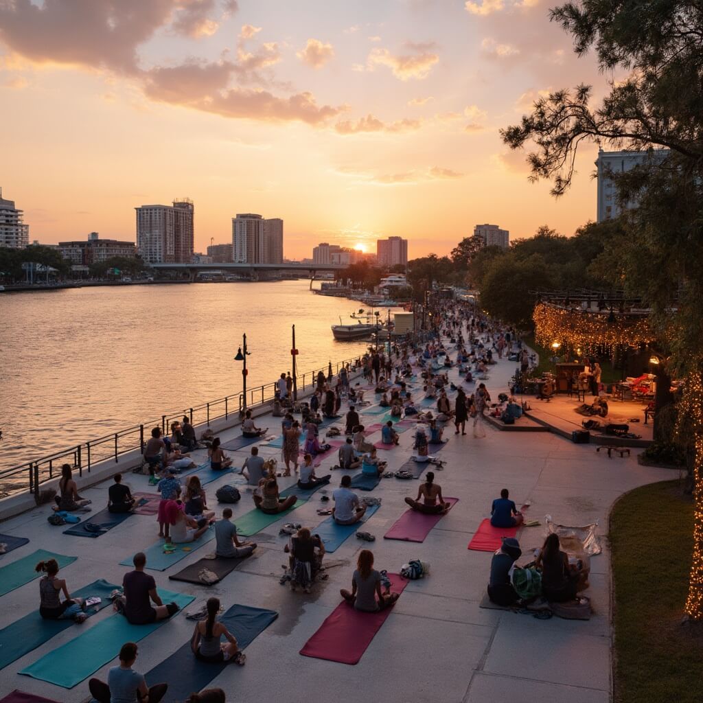 Unlock Jacksonville's October Magic: Your Ultimate Fall Escape Guide Jacksonville's Riverwalk at sunset in October, reflecting orange and pink hues on the St. Johns River. People participating in an outdoor yoga class, with a nearby stage set up for an evening arts performance and Jacksonville's cityscape as the backdrop.