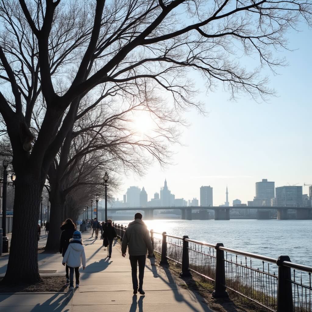 Jacksonville in January: Your Ultimate Winter Escape Guide (Without the Freezing Temps!) Jacksonville's riverfront in January with St. Johns River reflecting sunlight, city skyline in the background, and people in jackets enjoying a riverside walk