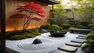 Transform Your Tiny Space: The Ultimate Guide to Creating a Serene Small Japanese Garden A tranquil urban balcony featuring a Japanese garden at golden hour, showcasing a dwarf Japanese maple, polished granite boulders, raked white gravel, a minimalist water basin, moss-covered stepping stones, and ambient string lights among bamboo.