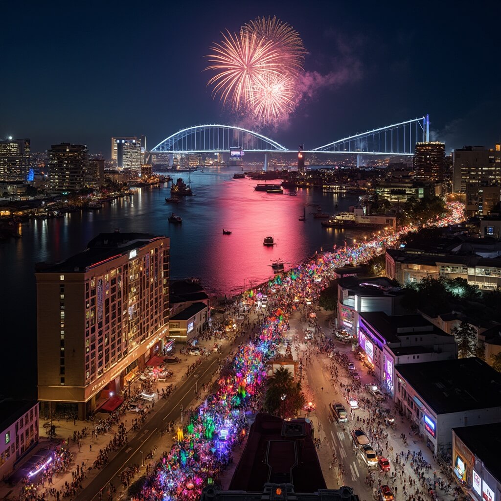 The Ultimate Jacksonville August Adventure Guide: Insider Secrets Revealed! Aerial view of downtown Jacksonville at night during the Jax River City Pride celebration, with colorful reflections on St. Johns River, jubilant crowds, rainbow flags, parade floats, and fireworks over the Main Street Bridge.