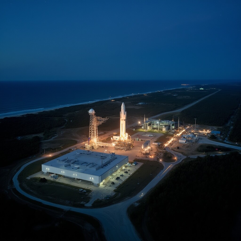 Why Cocoa Beach in October is Your Ultimate Hidden Paradise (And Why You'll Regret Missing It) Aerial view of Kennedy Space Center at dusk, rocket on launchpad lit by floodlights with the Florida landscape, tech facilities, and the Atlantic Ocean in the background