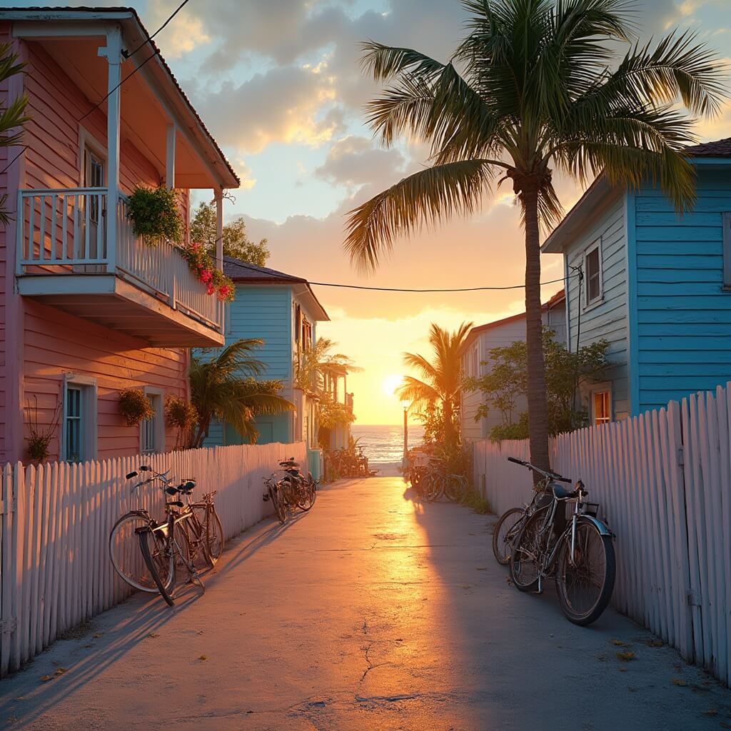š“ Insider's Miami Beach: Your Ultimate Adventure Guide Colorful Caribbean-style houses on a narrow Key West street at sunset with vintage bicycles, palm trees, and distant ocean view