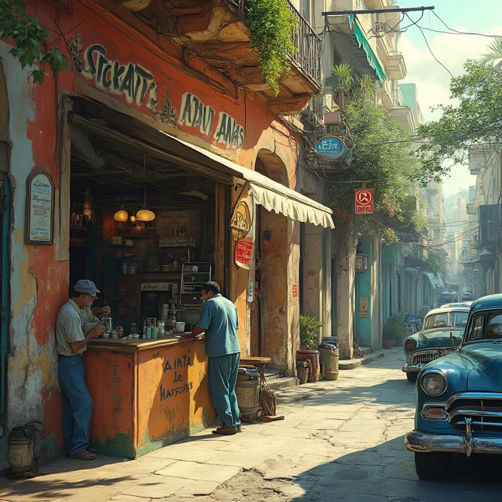 Why Miami Beach in August is Your Ultimate Summer Paradise (And What No One Tells You) Bustling Little Havana street scene with artisan coffee shop in vintage 1950s storefront, entrepreneurs preparing coffee, colorful Cuban architecture, vintage cars, tropical plants, and vibrant street atmosphere.