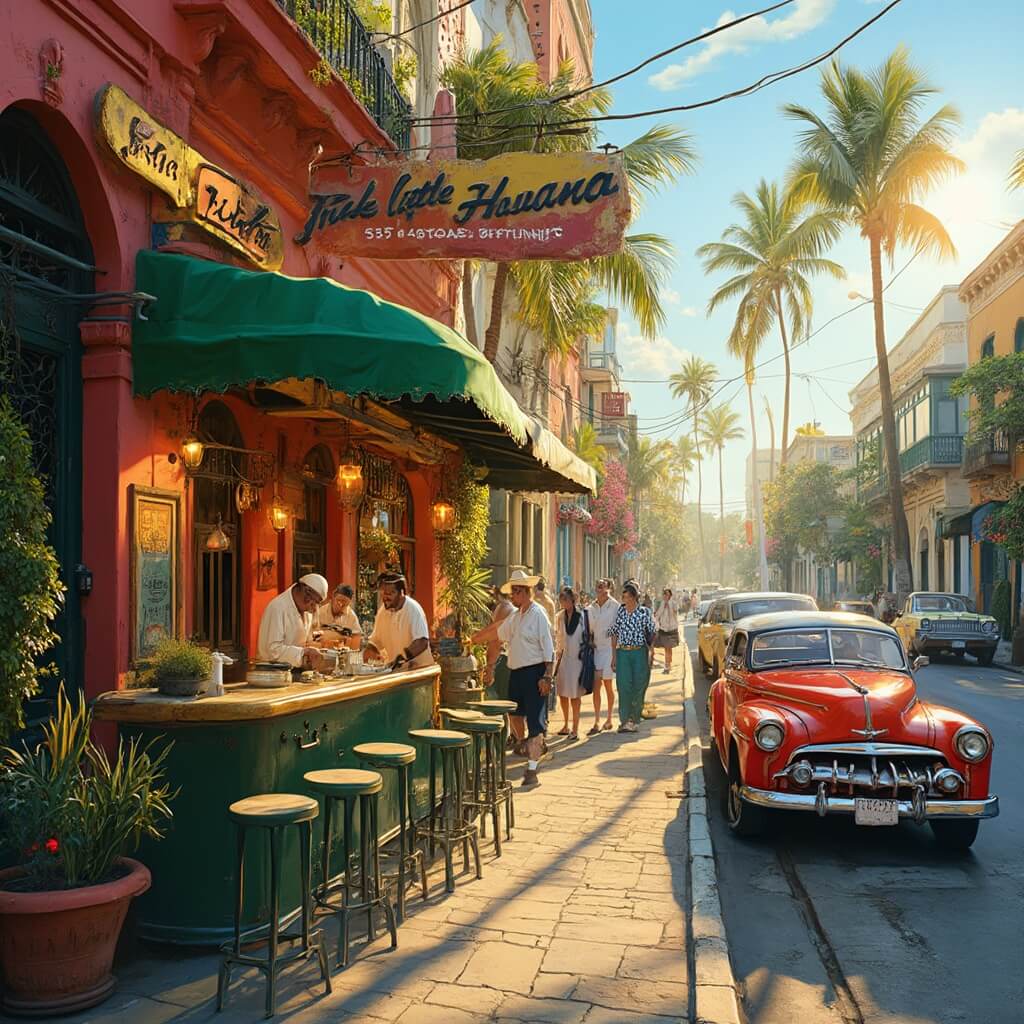 South Beach in April: Your Ultimate Paradise Playground (Without the Summer Crowds!) Bustling outdoor Cuban restaurant in vibrant Little Havana, with chefs preparing ceviche, surrounded by Art Deco architecture, tropical plants, vintage cars, under warm afternoon sunlight highlighting Latin American culture.