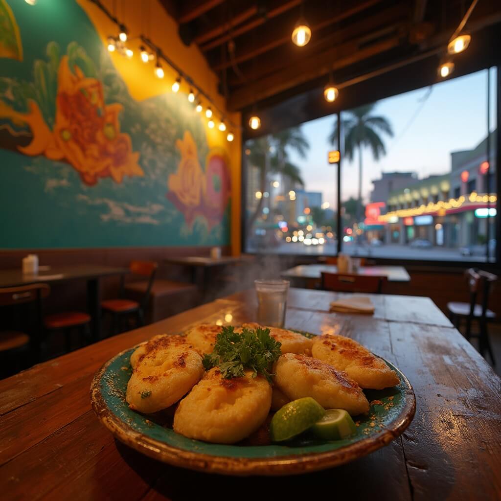 Why Miami Beach in January? Because it's your winter escape ticket to paradise without the holiday chaos! Dusk setting of Cuban-Venezuelan fusion restaurant in Little Havana, Miami with warm lighting, colorful murals, plate of arepas and view of Miami's palm trees and art deco buildings.