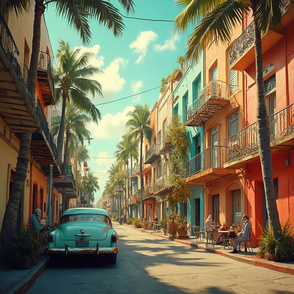 Miami in October: Your Ultimate Tropical Playground Awaits (Without the Summer Sweat) Colorful Art Deco buildings, palm trees, elderly locals playing dominoes, and vintage cars in a vibrant, ultra-detailed scene of Little Havana, Miami during the golden hour.