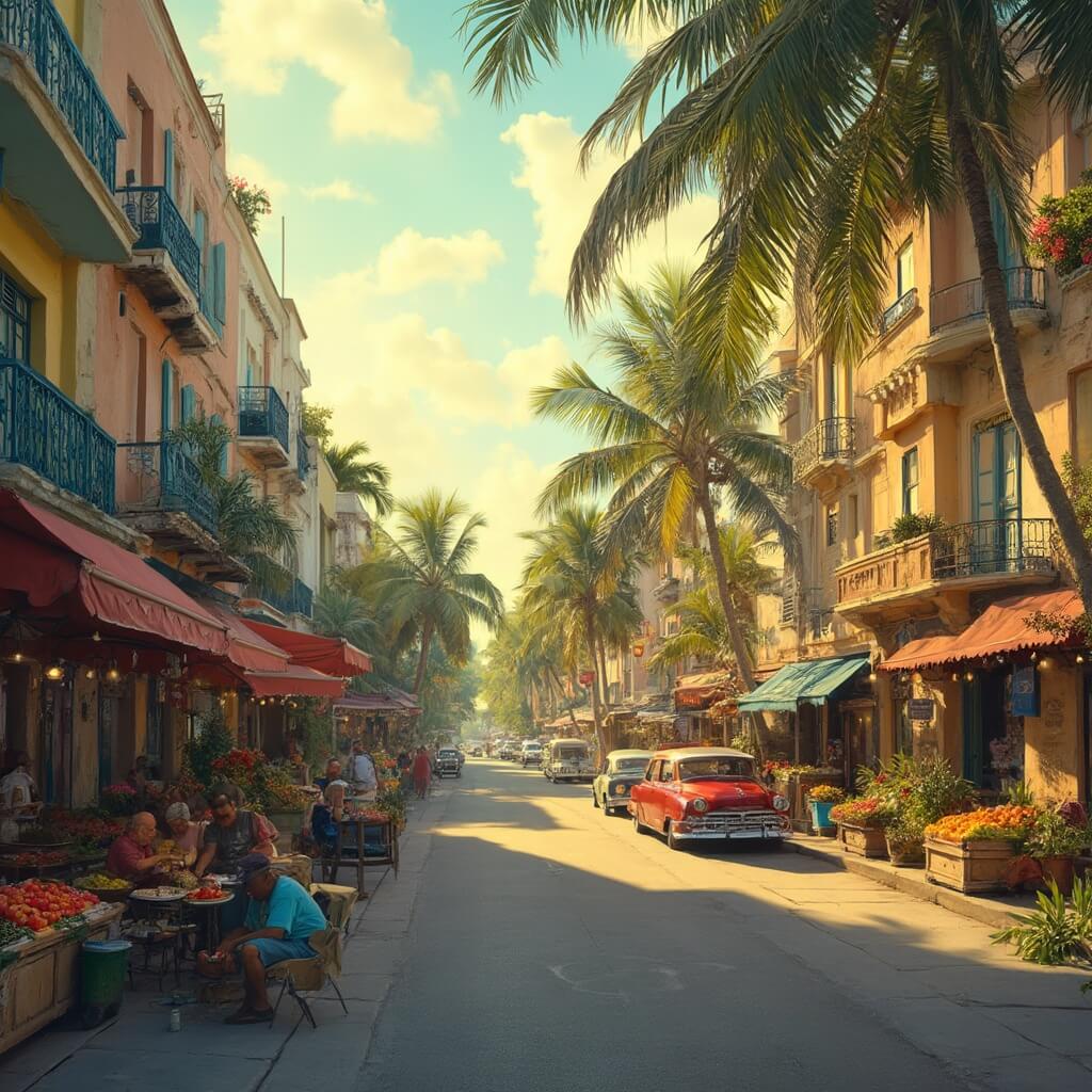 Miami in August: Your Sizzling Guide to Heat, Humidity, and High-Octane Fun Golden hour in Miami's Little Havana showcasing pastel art deco buildings, local fruit vendors, elderly men playing dominoes, palm trees, and vintage cars under warm August sunlight