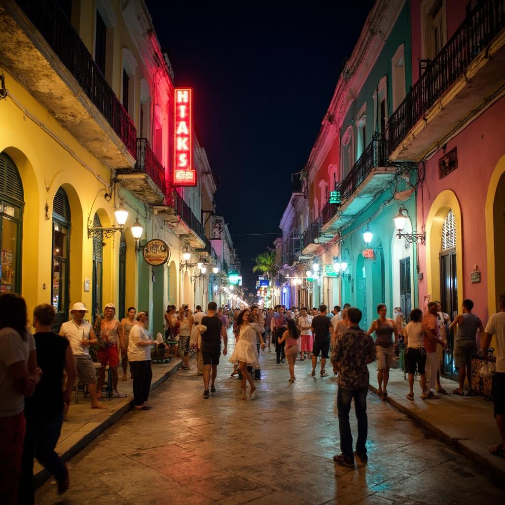Miami Beach: The Ultimate July Playground You Never Knew You Needed Street performers salsa dancing in Little Havana, Miami at night amidst colorful buildings, neon signs, and open cafes with Cuban music