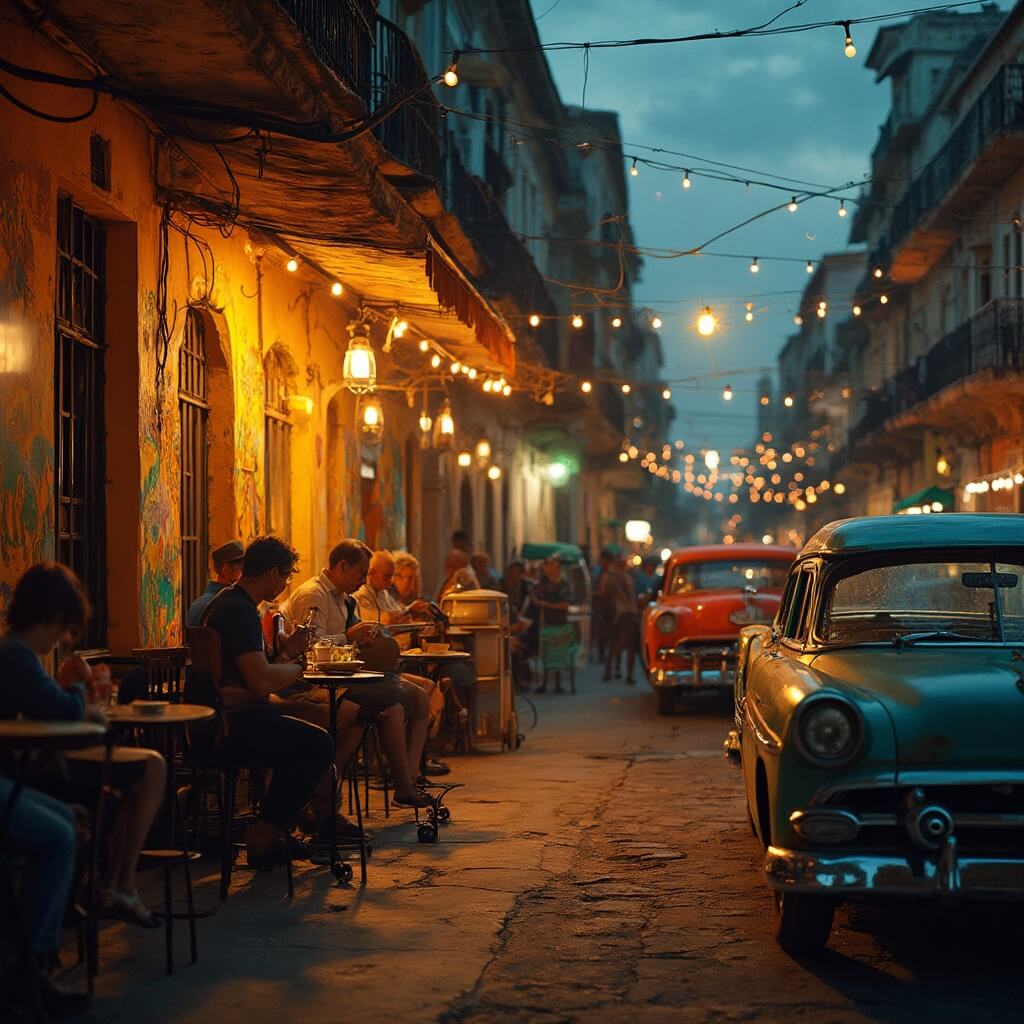 Sizzling Miami in April: Your Ultimate Insider's Guide to Sun, Culture, and Adventure Street scene in Little Havana at dusk with warm light, colorful murals, outdoor café, street musicians, vintage cars, and overhead lights