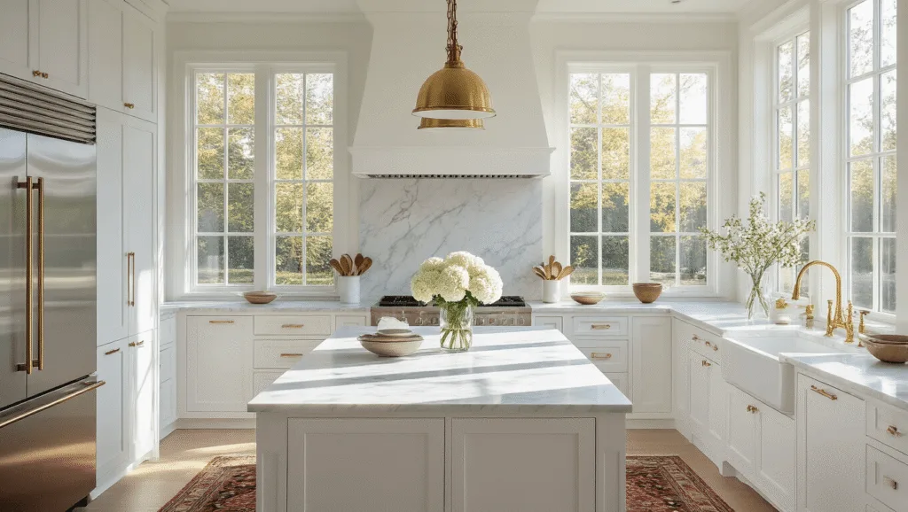 Photorealistic image of a bright, airy kitchen with white shaker cabinets, a Carrara marble island, brass hardware, stainless steel appliances, and natural morning light streaming through floor-to-ceiling windows, featuring decorative elements like a vintage runner and white hydrangeas.