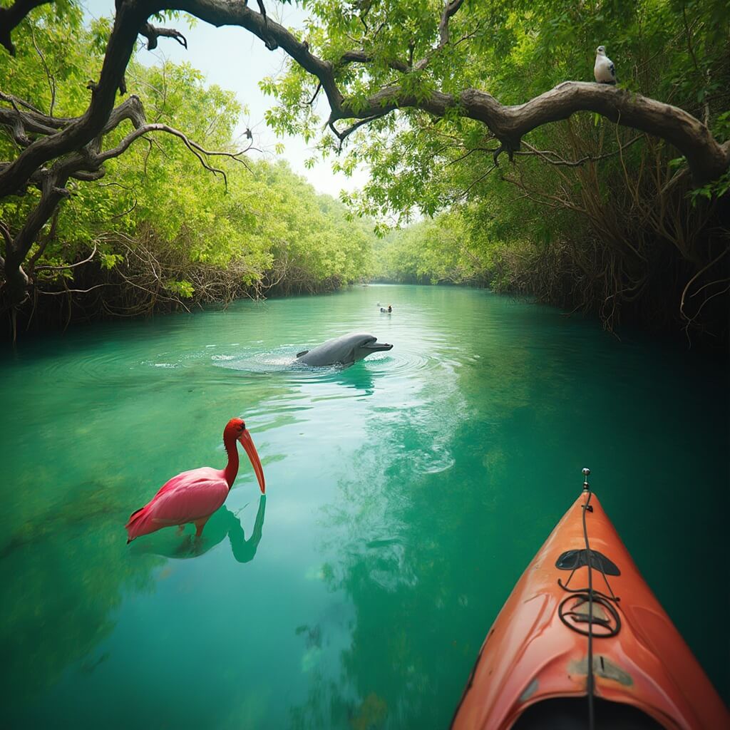 Cocoa Beach in September: Your Ultimate Guide to Florida's Space Coast Paradise Kayaker observing wildlife including a dolphin and a roseate spoonbill in the lush mangroves of Thousand Islands, Cocoa Beach.