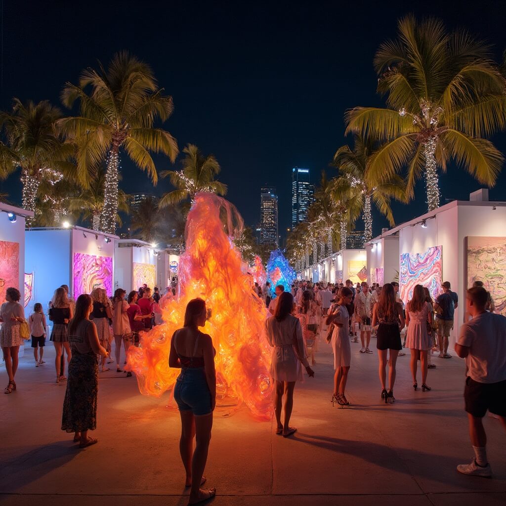 Escape the Winter Chill: Why Miami Beach in December is Your Ultimate Getaway Attendees at a night-time Art Basel exhibition in Miami Beach, interacting with colorful avant-garde art installations under the palm trees and twinkling city skyline.
