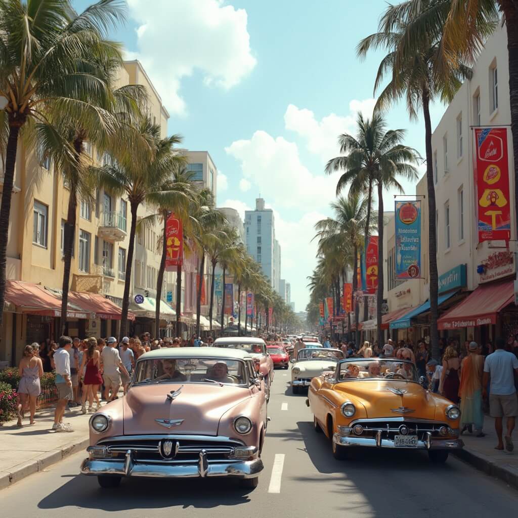 Why Miami Beach in January? Because it's your winter escape ticket to paradise without the holiday chaos! Vintage cars and people in period costumes on a lively street during the Art Deco Weekend in Miami Beach