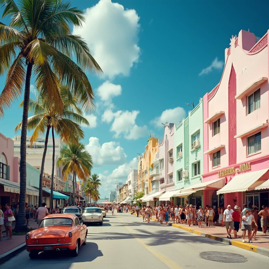 Art Deco street scene in South Beach Miami, featuring pastel-colored buildings, palm trees, diverse crowds, vintage cars, and a clear blue sky
