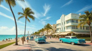 Discover the Hidden Winter Paradise: South Beach in January - Your Ultimate Escape Guide "Art Deco building on Ocean Drive, Miami Beach, with vintage cars, palm trees, and tourists, under a clear winter sky with the beach in the background"