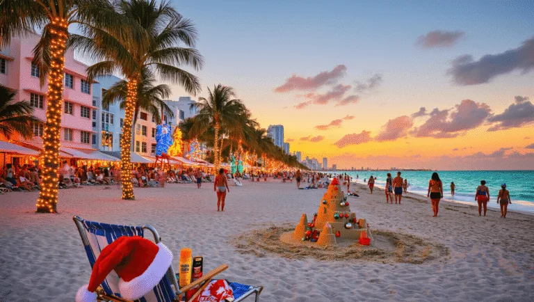 Why Miami in December Will Blow Your Frozen Northern Mind 🌴☀️ "Miami Beach at sunset in December with holiday decorated palm trees, Art Basel art installations, people in summer attire, a sandcastle adorned with Christmas ornaments, and a beach chair with sunscreen and a Santa hat in the foreground, alongside the vibrant Art Deco buildings."