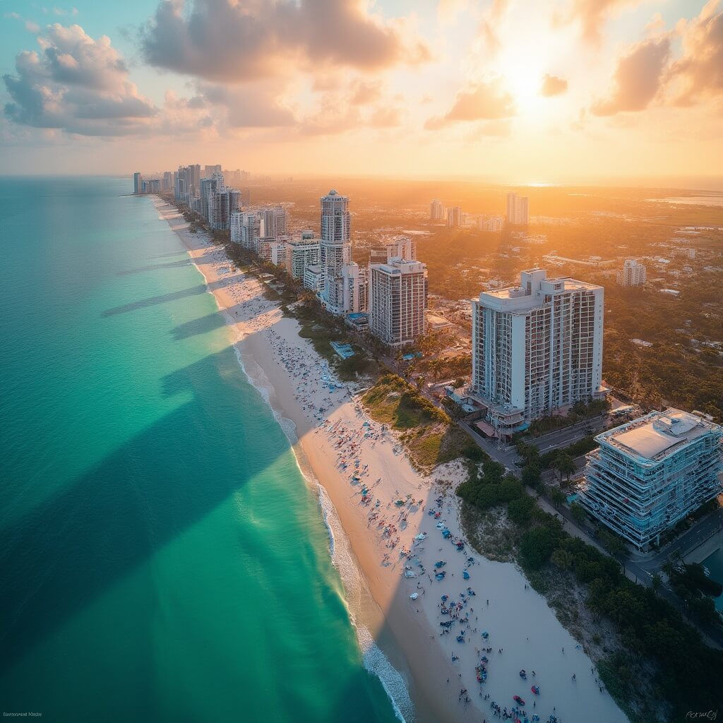 Aerial view of Miami Beach crowded with sunbathers, vibrant beach umbrellas and palm trees, featuring crystal clear turquoise water under soft warm lighting