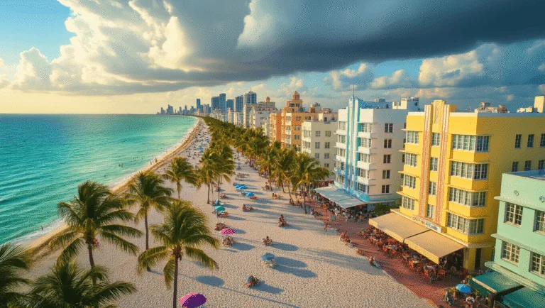 Why South Beach in August is Your Secret Summer Paradise (Even When It's Blazing Hot) "Aerial view of South Beach, Miami featuring Art Deco buildings, palm trees, turquoise ocean, white sandy beach with colorful umbrellas, storm clouds in distance, and people at outdoor cafes during golden hour."