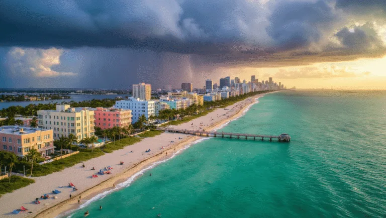 Miami Beach Uncovered: Your Ultimate September Travel Guide "Aerial drone view of Miami Beach during September featuring Art Deco hotels, turquoise waters, afternoon storm clouds, sun rays illuminating a less-crowded beach, swaying palm trees, South Pointe Park, and Wynwood's colorful walls during golden hour."