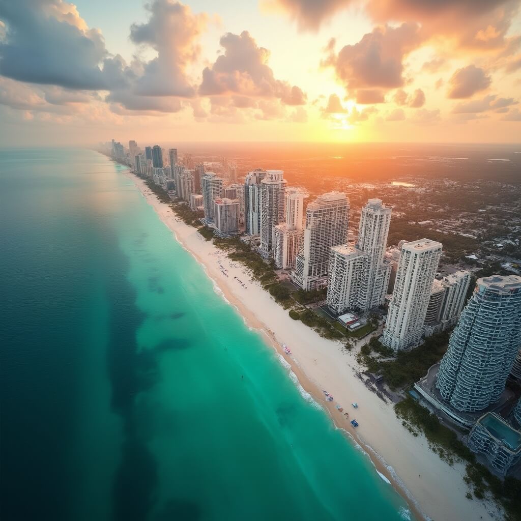 Miami Beach in February: Your Ultimate Sun-Soaked Winter Escape Guide Aerial view of South Pointe Park during golden hour, highlighting Miami Beach's coastline, turquoise waters, high-rise buildings, dramatic clouds, and urban landscape meeting the beach