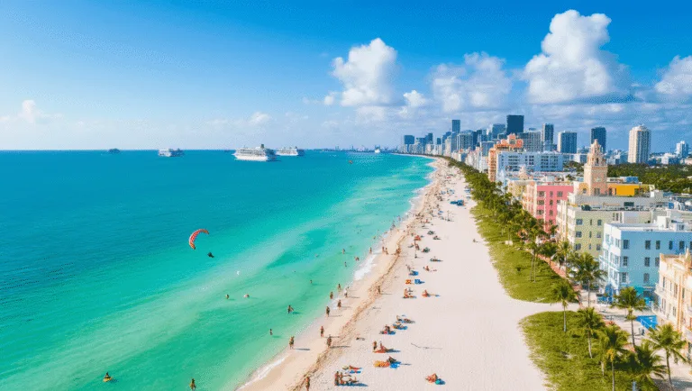 Why Miami Beach in January? Because it's your winter escape ticket to paradise without the holiday chaos! "Aerial view of Miami Beach with Art Deco buildings, palm trees, colorful beach umbrellas, hotel pools, yachts, and beachgoers on a sunny day"