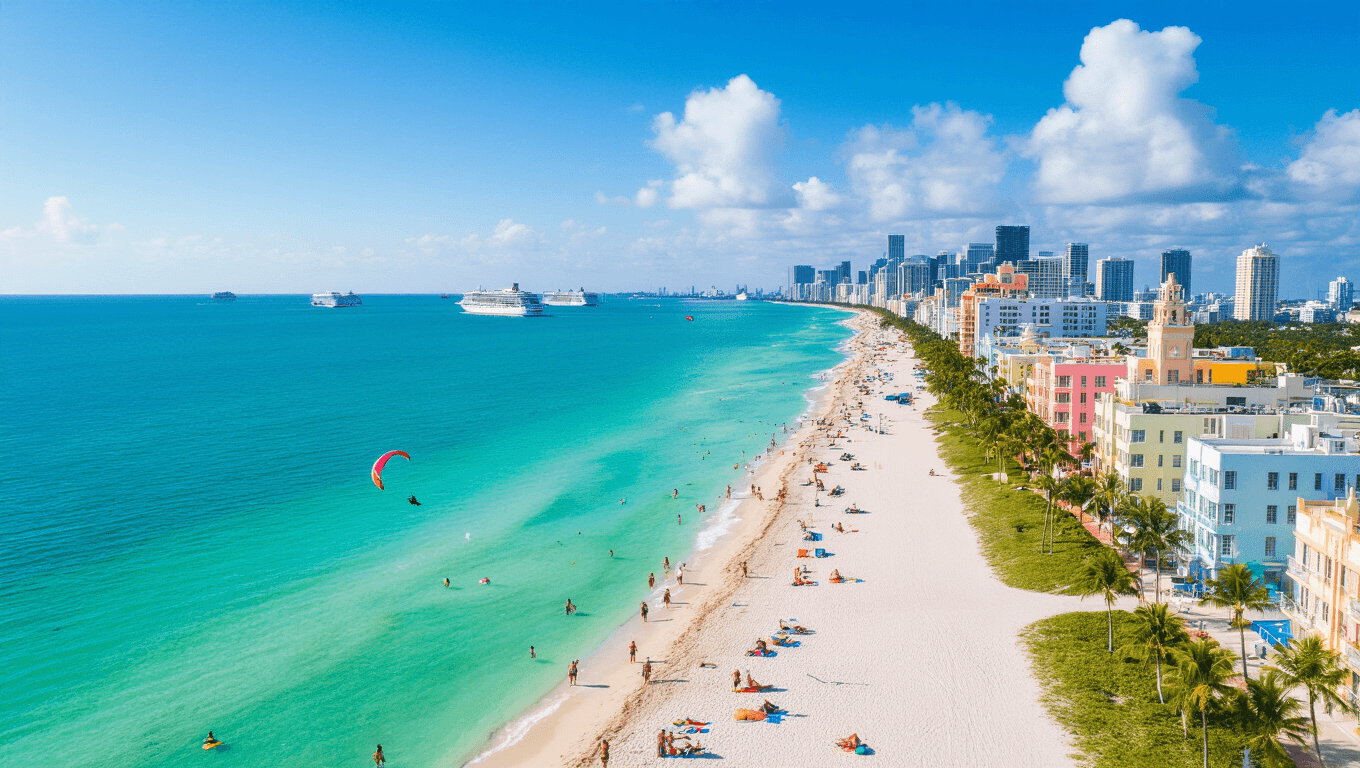 Sunshine, Salsa, and Surprises: Why Miami in March Will Blow Your Mind Aerial view of South Beach, Miami with turquoise waters, white sand beaches, colorful Art Deco buildings, beachgoers, boats, and palm trees under golden sunlight.