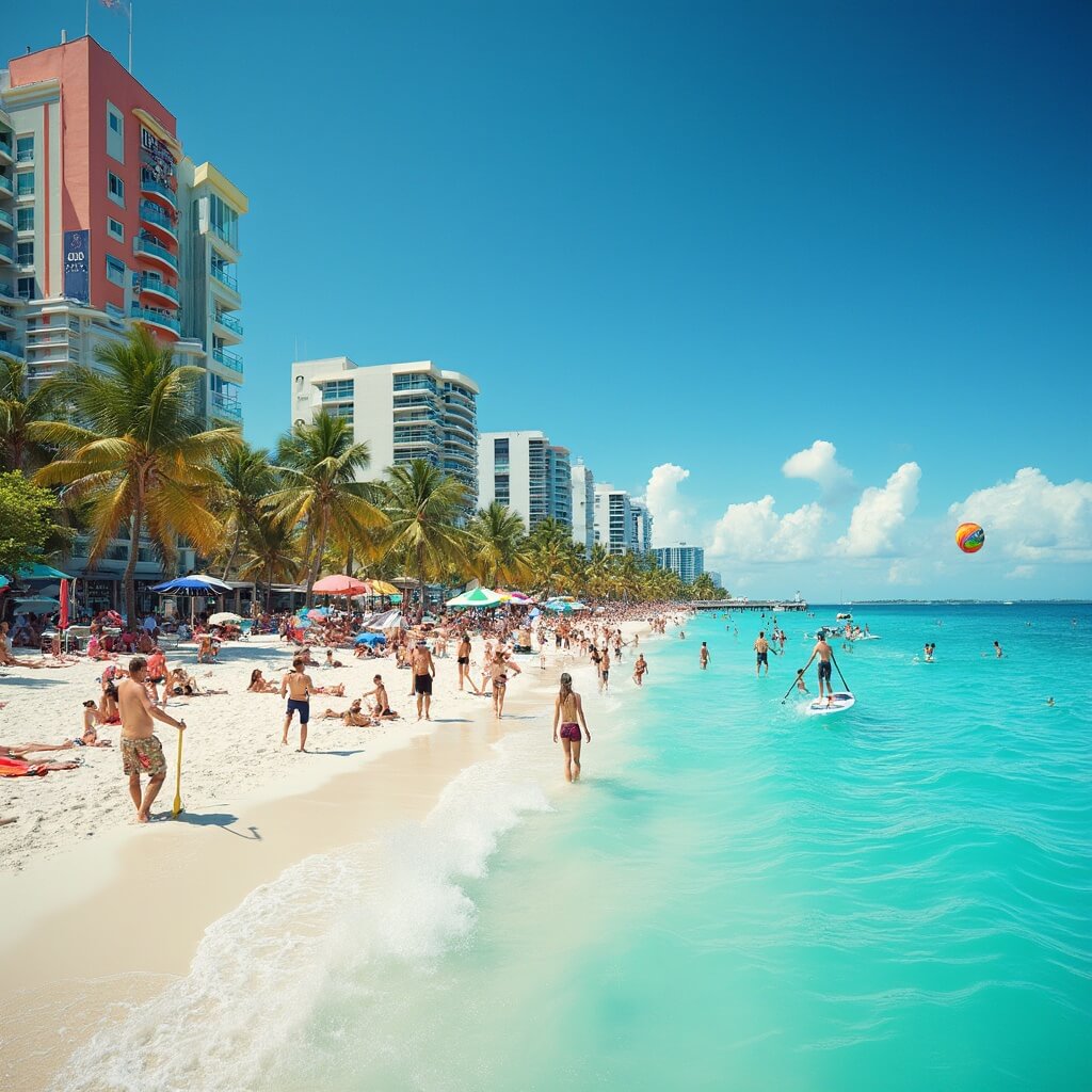 Miami Beach in April: Your Ultimate Escape to Paradise Unleashed Diverse beachgoers participating in various activities on a sunny Miami Beach in April, with palm trees, turquoise ocean, white sand, pastel-colored Art Deco buildings, and seagulls in the sky.