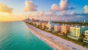 Why September is South Beach's Best-Kept Secret: Your Ultimate Insider's Guide "Aerial view of South Beach Miami's Art Deco buildings, serene beach, and turquoise waters under a vibrant sunset sky in September."