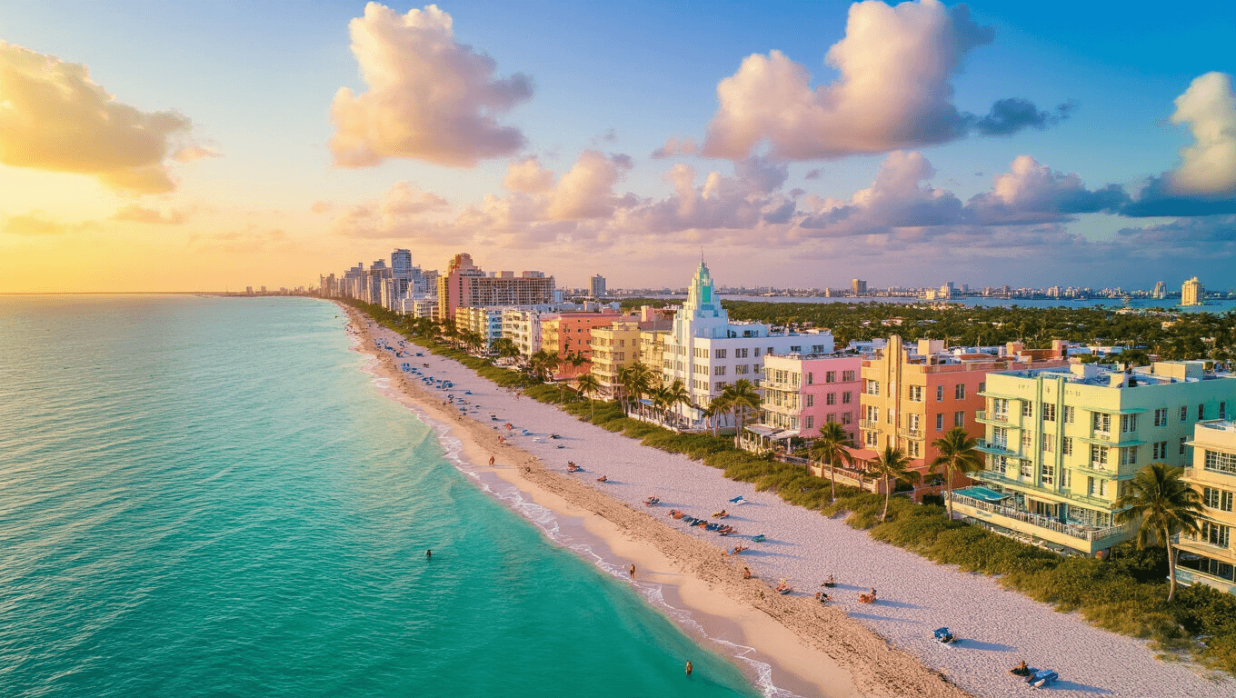 "Aerial view of South Beach Miami's Art Deco buildings, serene beach, and turquoise waters under a vibrant sunset sky in September."