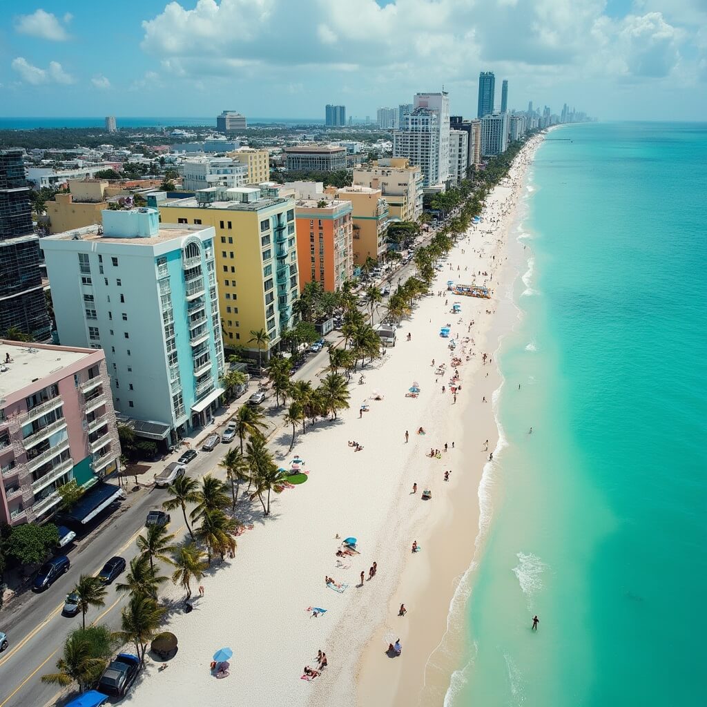 Miami in February: Your Ultimate Tropical Escape That's WAY More Than Just Beaches Aerial view of South Beach's Art Deco district with pastel-colored buildings, turquoise Atlantic waters, lined palm trees, and people enjoying the white sandy beach