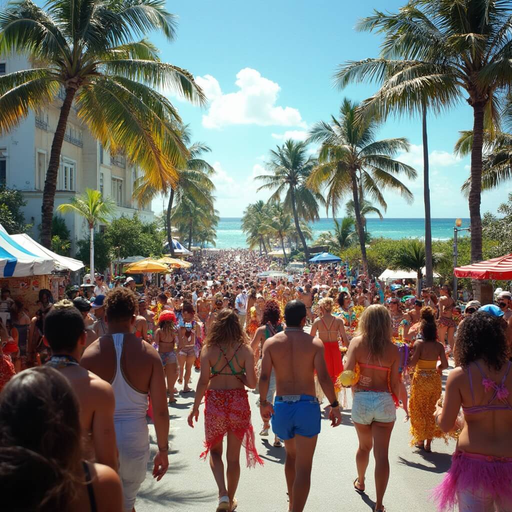 Miami Beach in June: Your Ultimate Tropical Escape (Without the Tourist Crowds!) Colorful Caribbean street festival in Miami Beach with dancers, food stalls, and palm trees, with ocean in the background