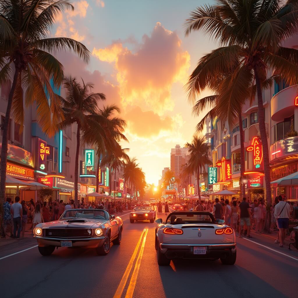 South Beach Unleashed: Your Ultimate July Travel Guide Sunset on Ocean Drive in South Beach with Art Deco buildings, neon lights, dancing people, moving convertible cars and swaying palm trees.