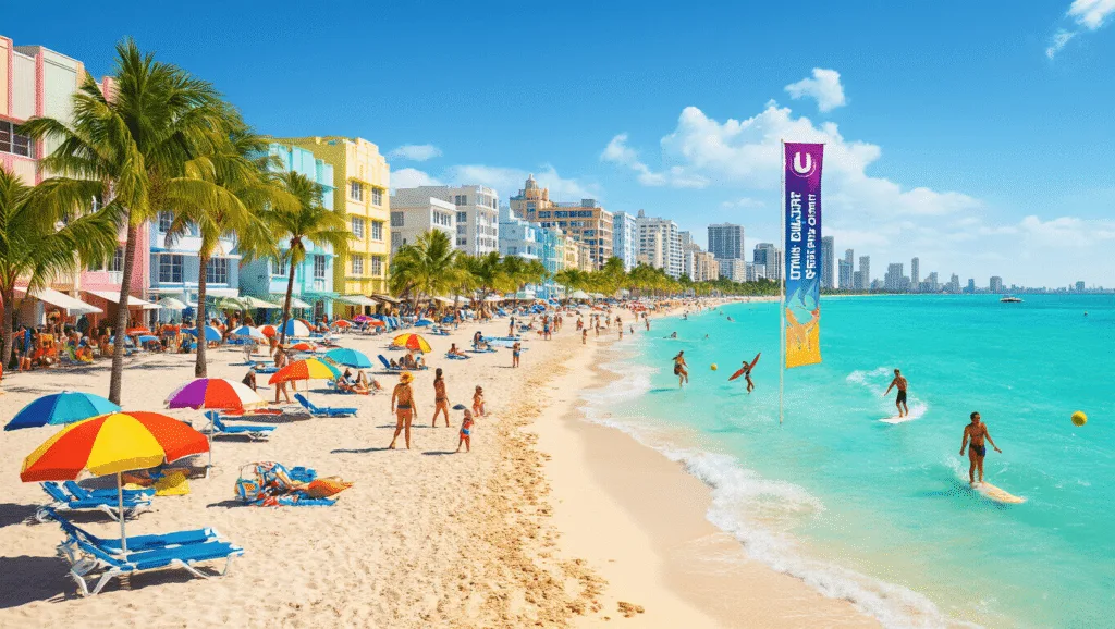 Sunshine, Salsa, and Surprises: Why Miami in March Will Blow Your Mind "Vibrant Miami beach with turquoise waters, colorful beach umbrellas, lively beach activities, Art Deco buildings, and banners for Ultra Music Festival and Miami Open in March."