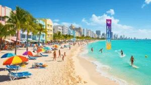 Sunshine, Salsa, and Surprises: Why Miami in March Will Blow Your Mind "Vibrant Miami beach with turquoise waters, colorful beach umbrellas, lively beach activities, Art Deco buildings, and banners for Ultra Music Festival and Miami Open in March."